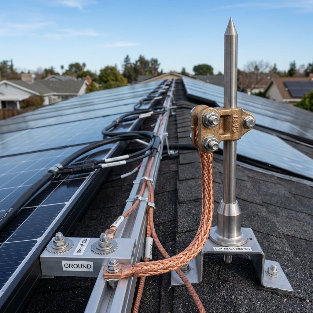 Professional grounding lightning arrestor configuration on residential solar rooftop