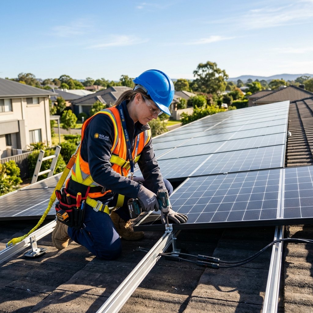 Professional solar engineer securing solar panels on residential concrete rooftop